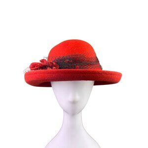 Street Smart Womens Red Wool Vintage Hat With Floral & Net Accent OS